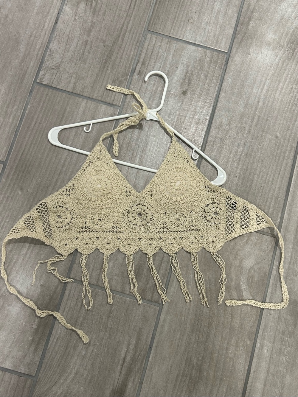 SHEIN Cream Crochet Halter Fringe Top